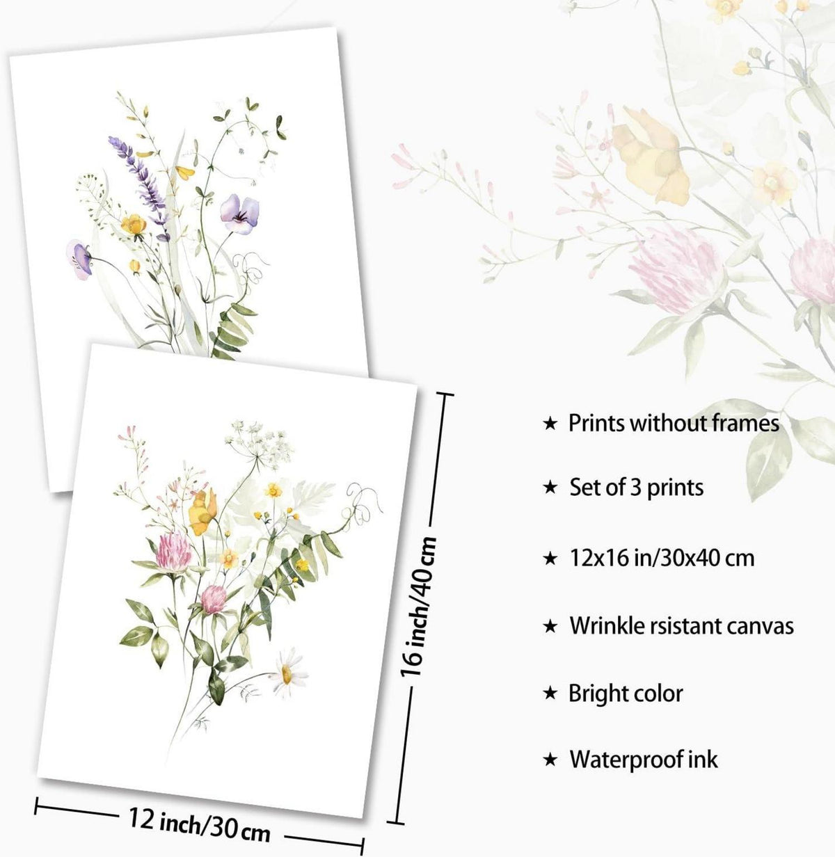 Wildflower Wall Decor Poster Set Watercolor Floral Prints 12x16 Bedroom Living