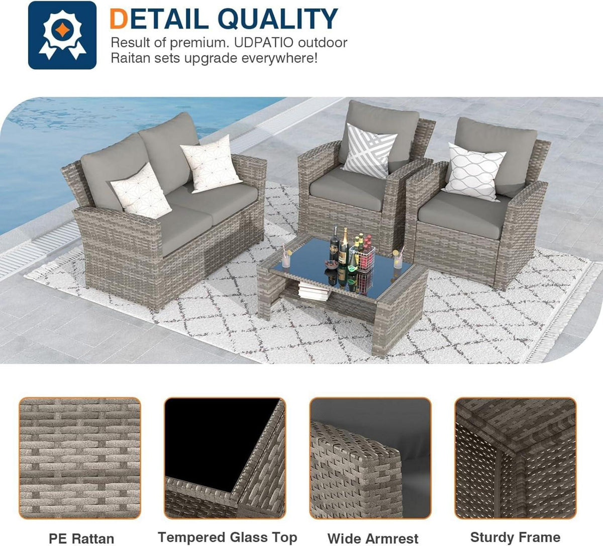 UDPATIO 4-teiliges Rattan Gartenmöbel-Set mit Kissen, Grau