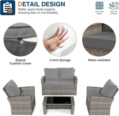 4-teiliges Rattan Gartenmöbel Set, Grau, Sitzgarnitur mit Kissen, Sessel, Sofa & Tisch