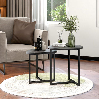 Couchtisch Set Rund Holz Metall Schwarz Wohnzimmer Modern