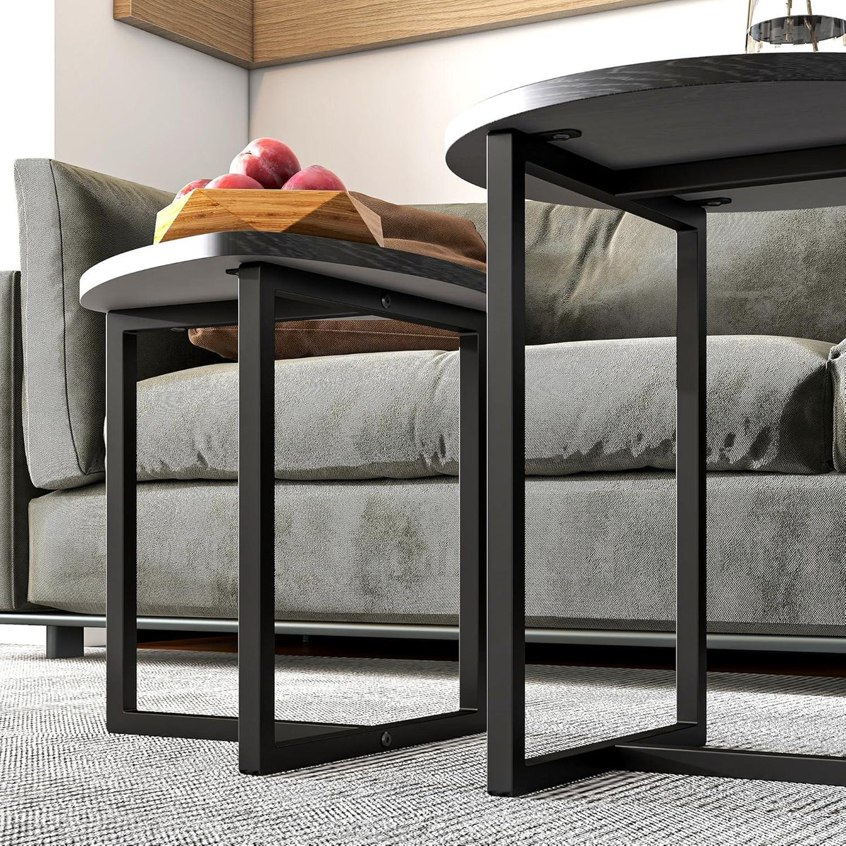 Couchtisch 2er Set Rund Holz Metall Schwarz Industriellen Design