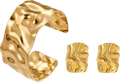 Breiter goldener Armreif und Ohrringe Set Damen Gold Armreif Offen