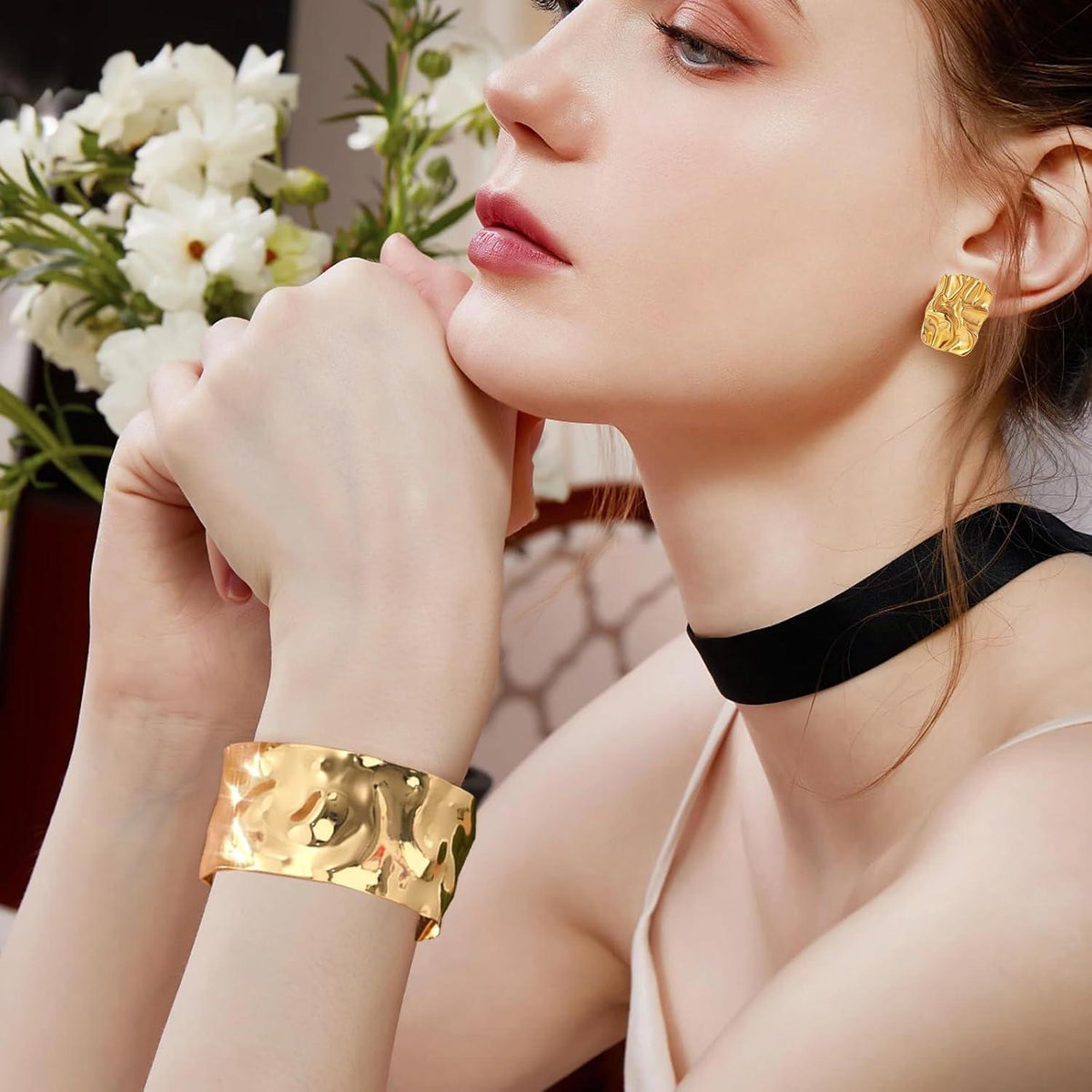 Breiter goldener Armreif und Ohrringe Set Damen Gold Armreif Offen