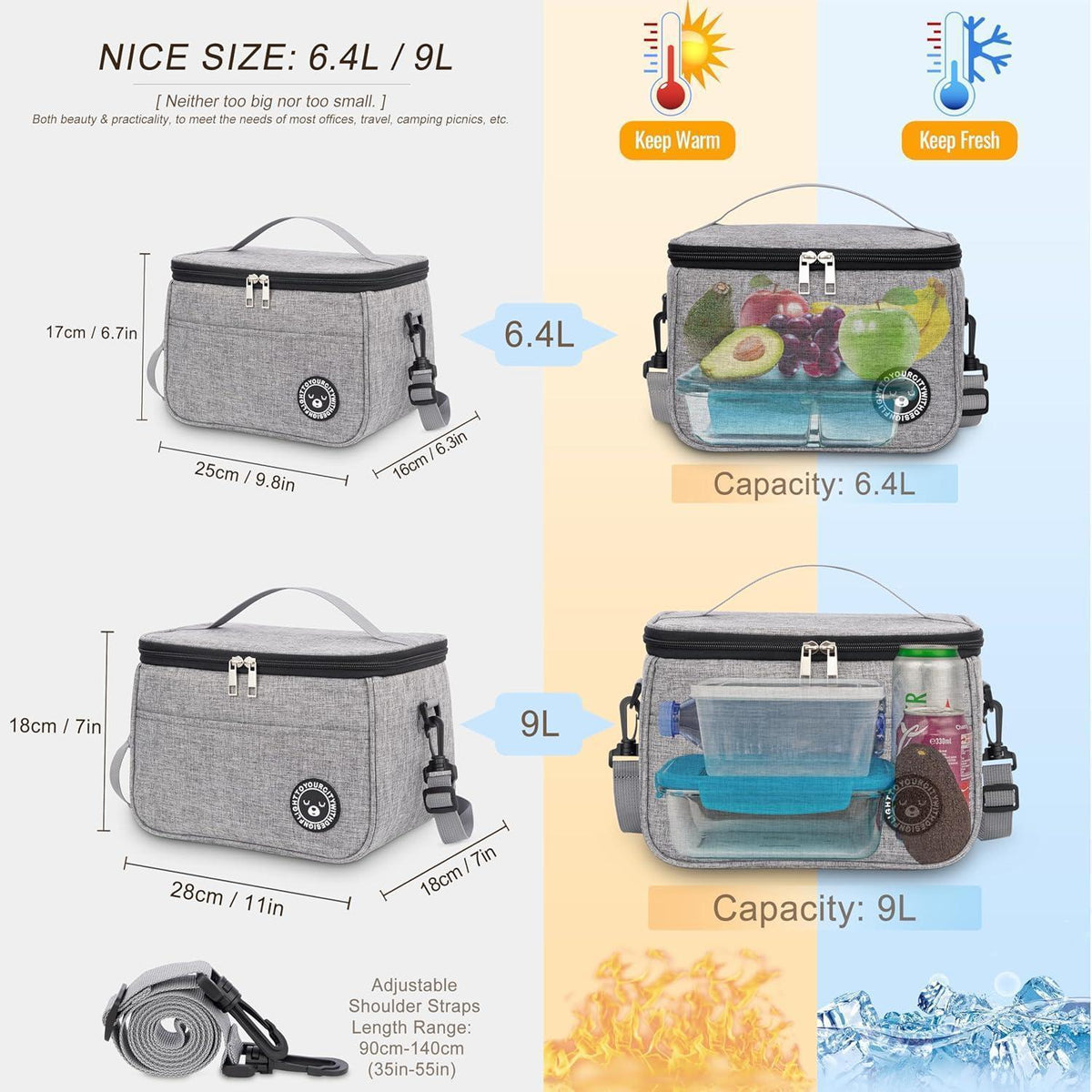 Kühltasche 9L – Isoliert Lunchbag für Arbeit, Reisen & Picknick Grau