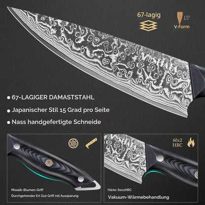 Damast Küchenmesser Set 3-tlg. mit Wetzstahl & Geschenkverpackung