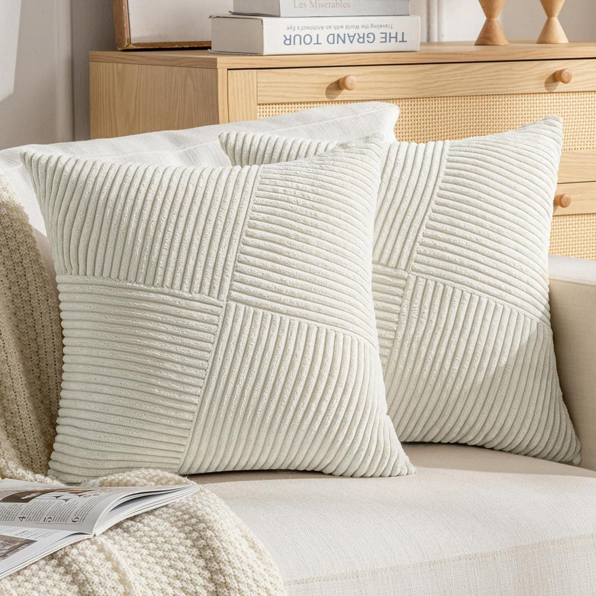 Creme Cord Kissenbezüge 50x50cm - 2er Set | Gestreifte Zierkissen
