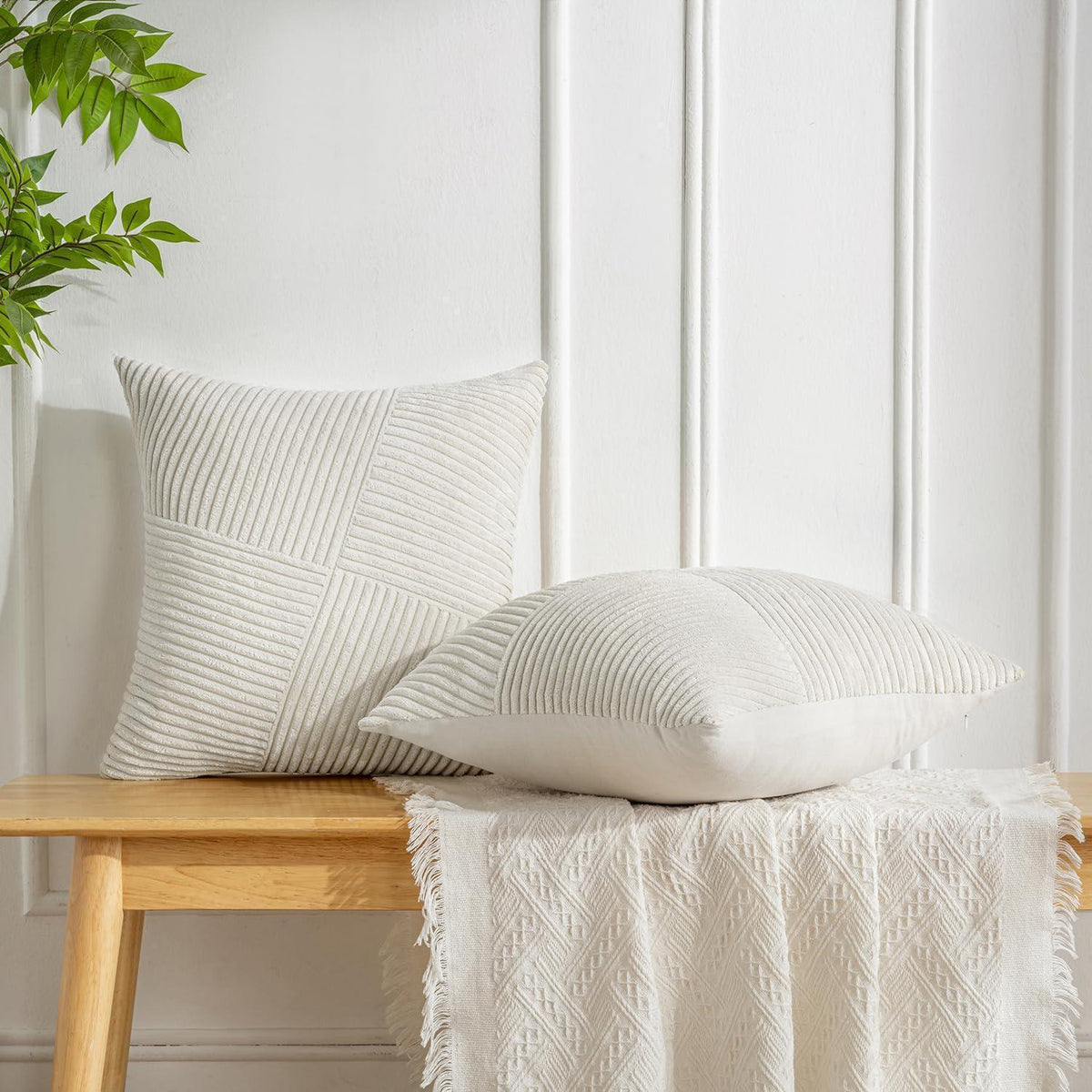 Creme Cord Kissenbezüge 50x50cm - 2er Set | Gestreifte Zierkissen