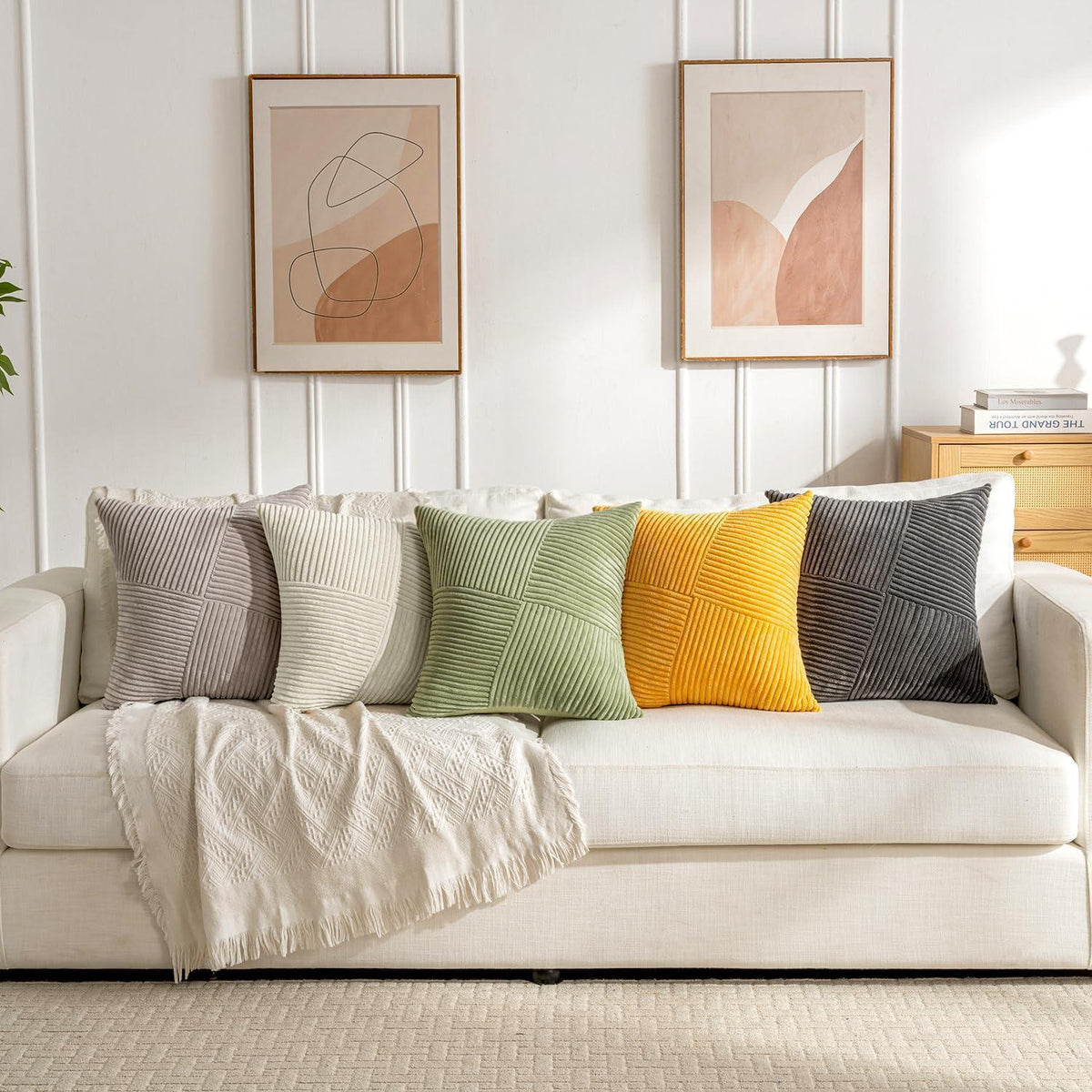 Creme Cord Kissenbezüge 50x50cm - 2er Set | Gestreifte Zierkissen