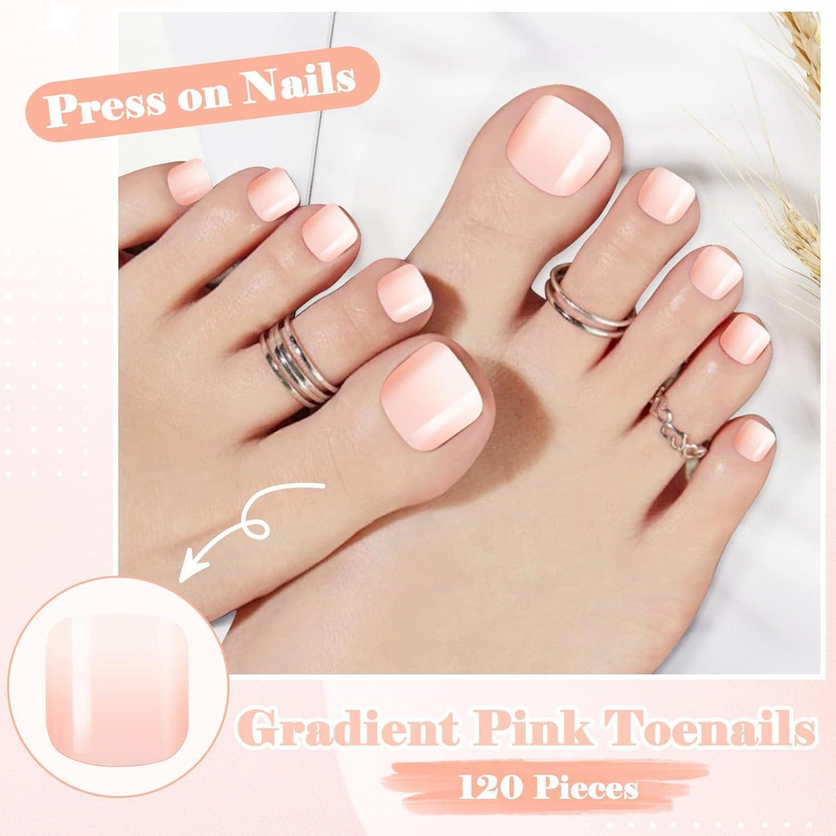 Rosa Farbverlauf Fußnägel zum Kleben – 120 Stück Press On Nails