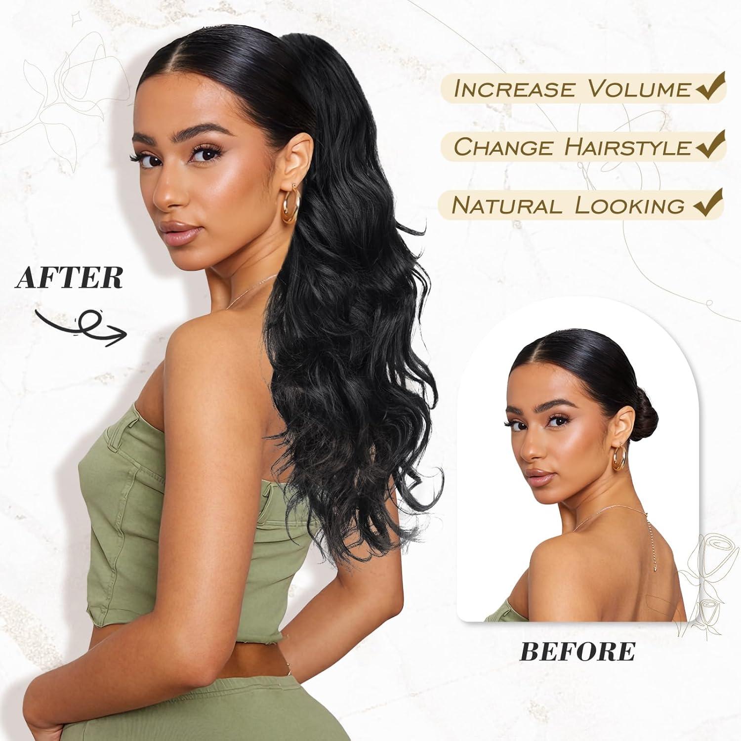BARSDAR Pferdeschwanz Extensions Dunkel Braun 50cm Lockig Gewellt Haarteil Ponytail