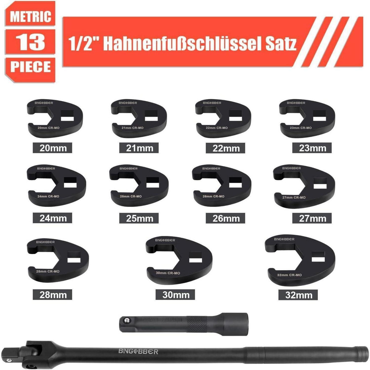 Hahnenfußschlüssel Satz 13-teilig 1/2" Antrieb 20-32mm mit Organizer-Box