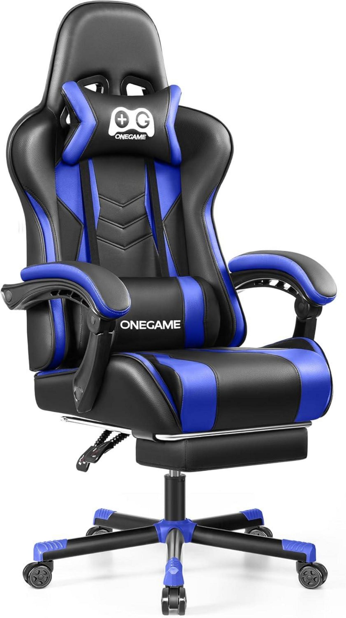Gaming Stuhl mit Fußstütze und hoher Rückenlehne in Schwarz-Blau