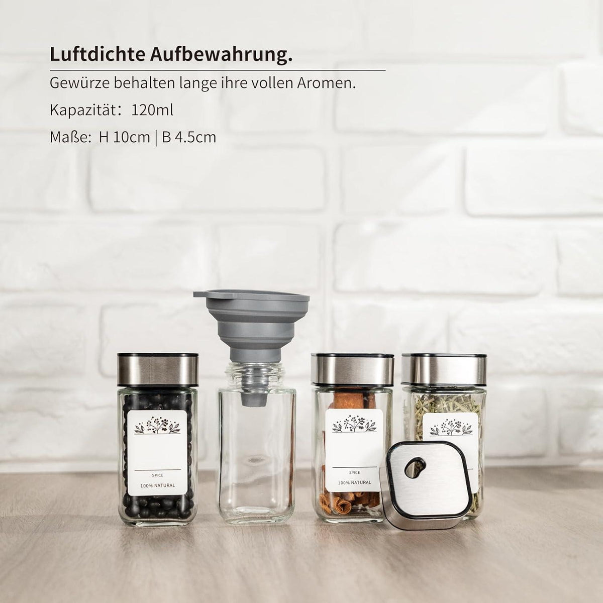 Gewürzgläser Set 6-teilig mit Streueinsatz, Drehdeckel und Trichter