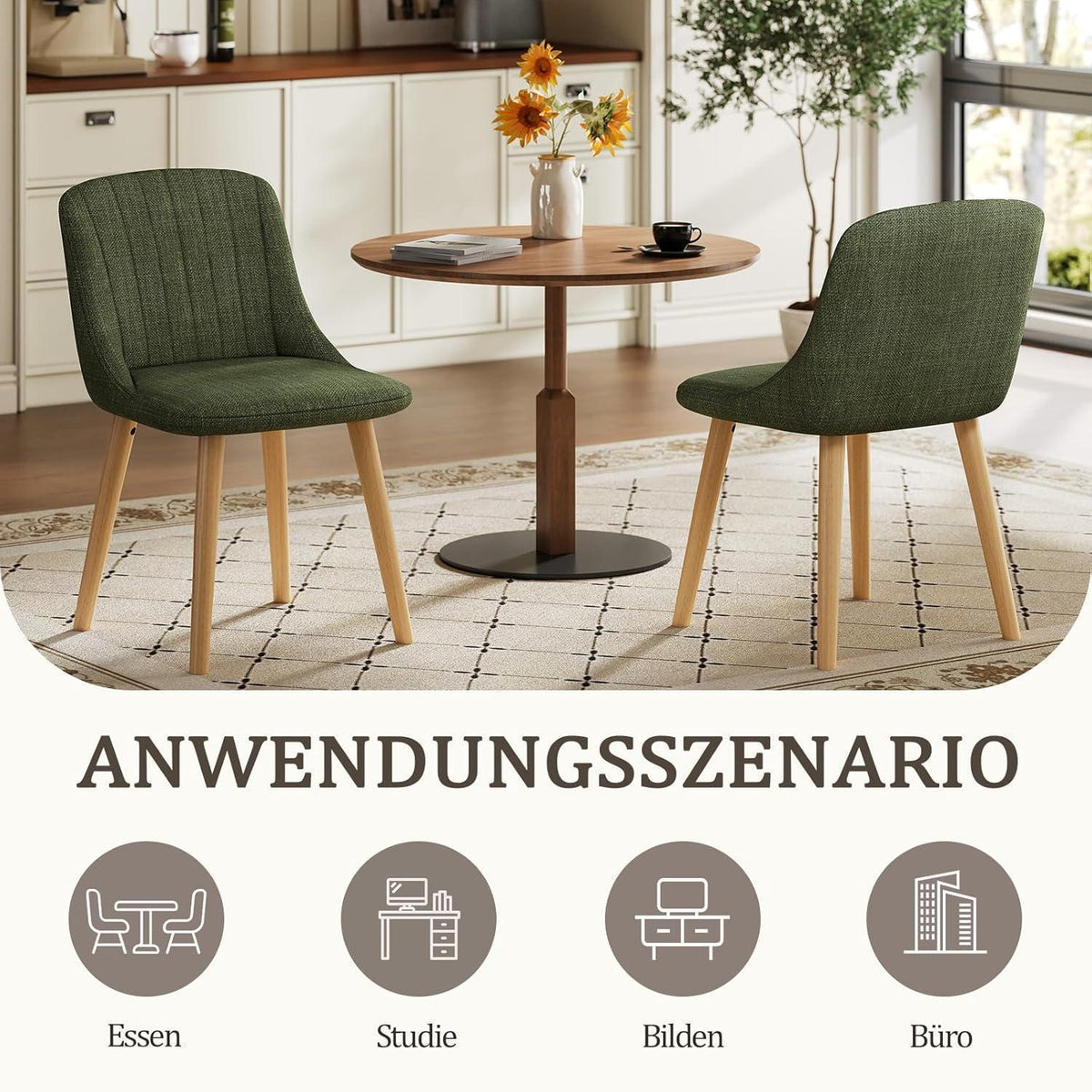 Grüner Esszimmerstuhl Set 2x Massivholz Beine & Polyester