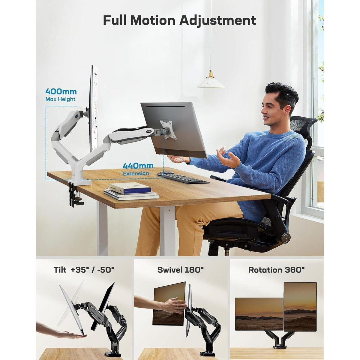 Doppel Monitorhalterung Weiß, Höhenverstellbar & Neigbar