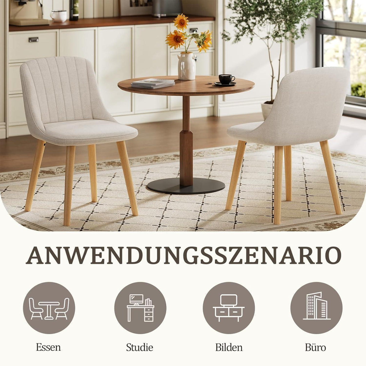 Esszimmerstuhl Set Beige Holzbeine – Polsterstuhl für Küche & Wohnzimmer