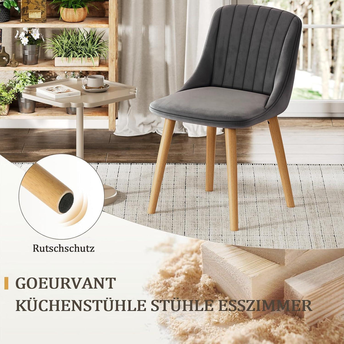 Samt Esszimmerstühle 2er Set Dunkelgrau mit Massivholz