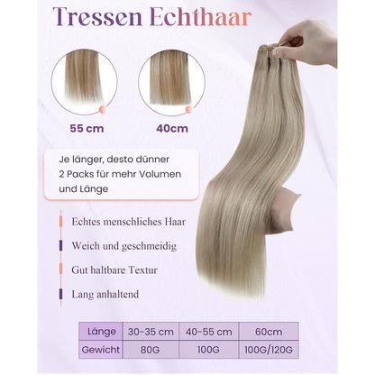 Echthaar Tressen zum Einnähen Blond 60cm – 100g