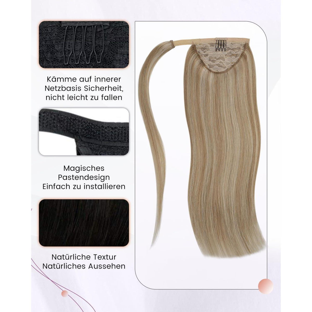 Remy Echthaar Pferdeschwanzverlängerung Aschblond mit Goldblond 40cm