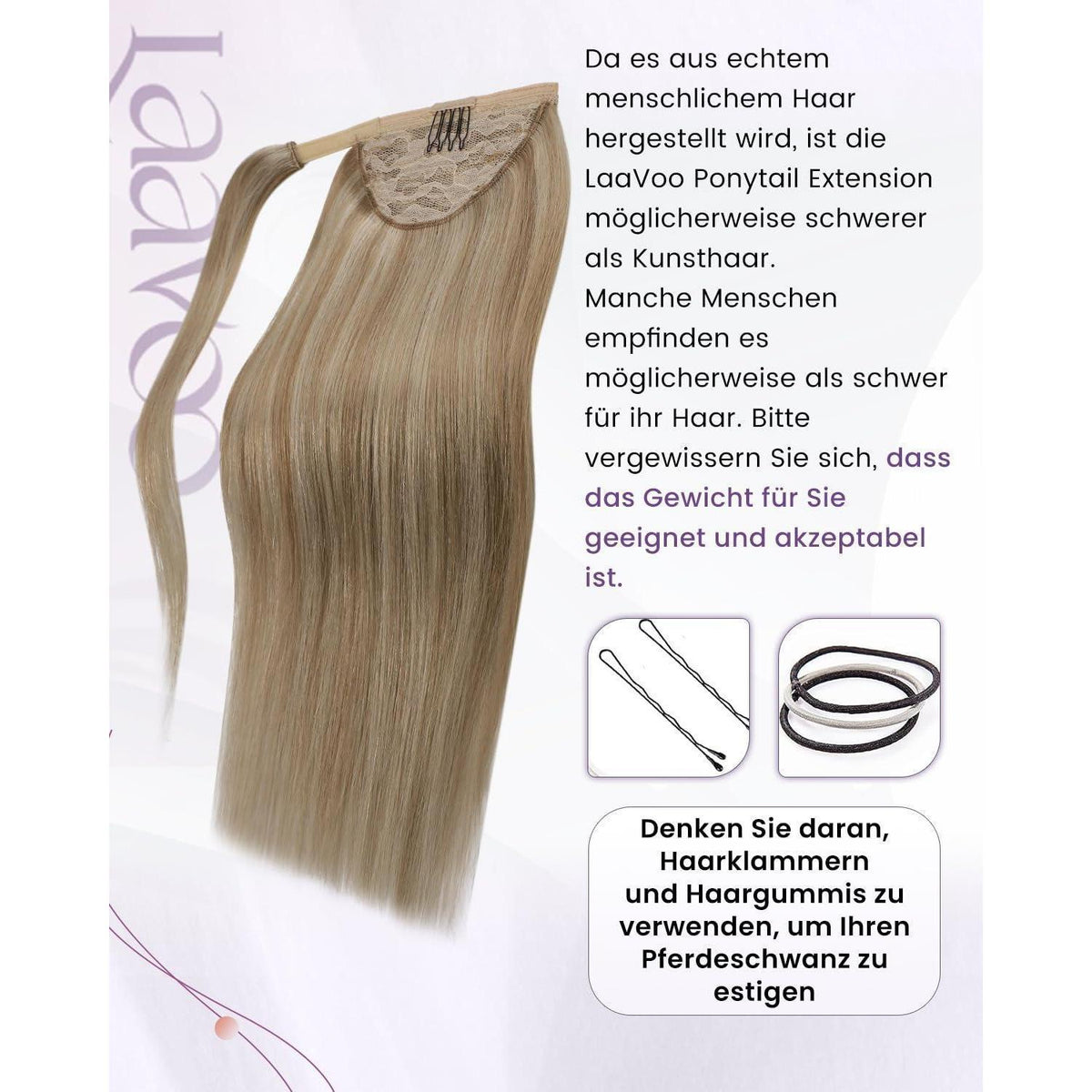 Remy Echthaar Pferdeschwanzverlängerung Aschblond mit Goldblond 40cm