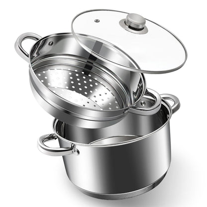 Edelstahl-Suppentopf-Set mit Dampfgarer & Glasdeckel 5.7L