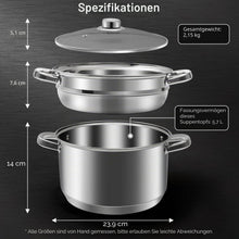 Edelstahl-Suppentopf-Set mit Dampfgarer & Glasdeckel 5.7L