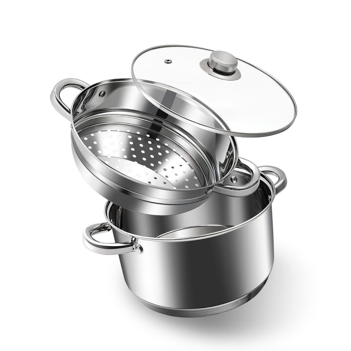 Edelstahl-Suppentopf-Set mit Dampfgarer & Glasdeckel 4L