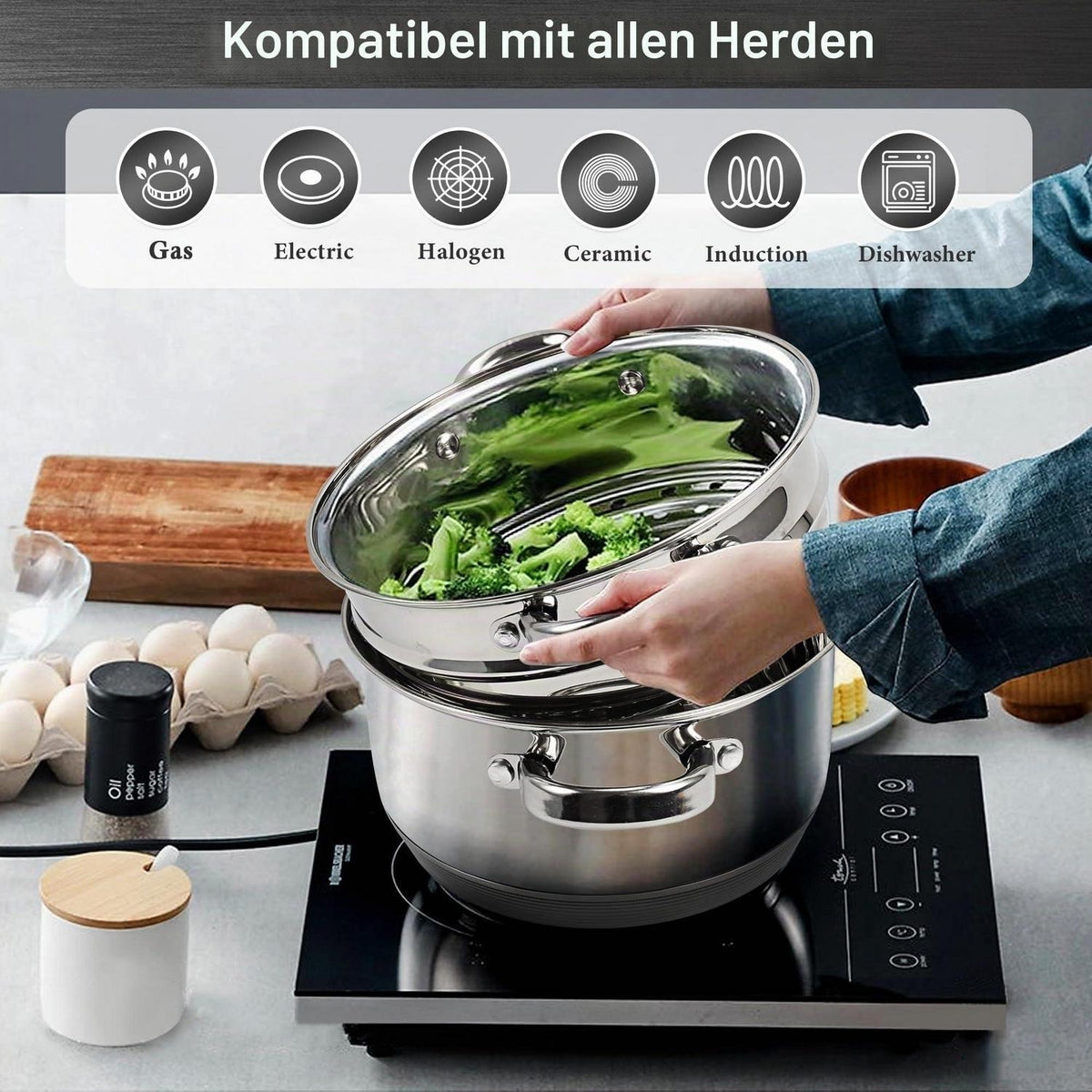 Edelstahl-Suppentopf-Set mit Dampfgarer & Glasdeckel 4L