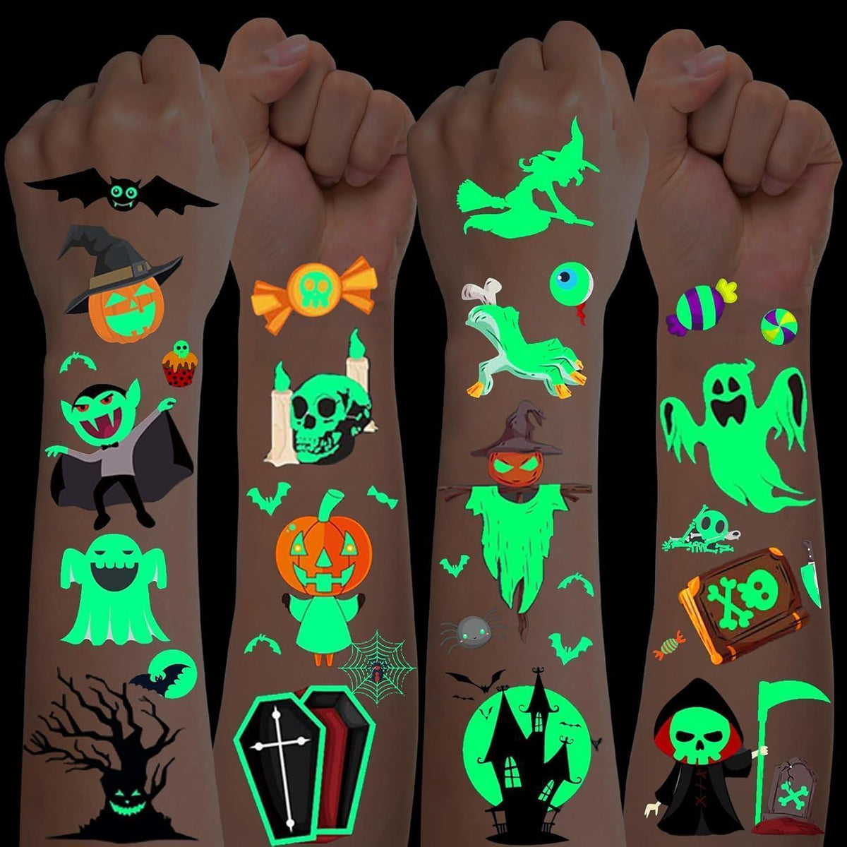 Halloween Tattoos für Kinder – 10 Blatt leuchtend & niedlich