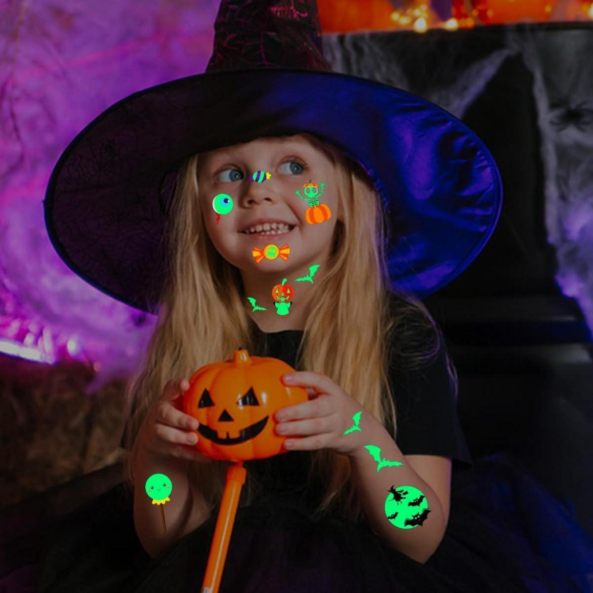 Halloween Tattoos für Kinder – 10 Blatt leuchtend & niedlich