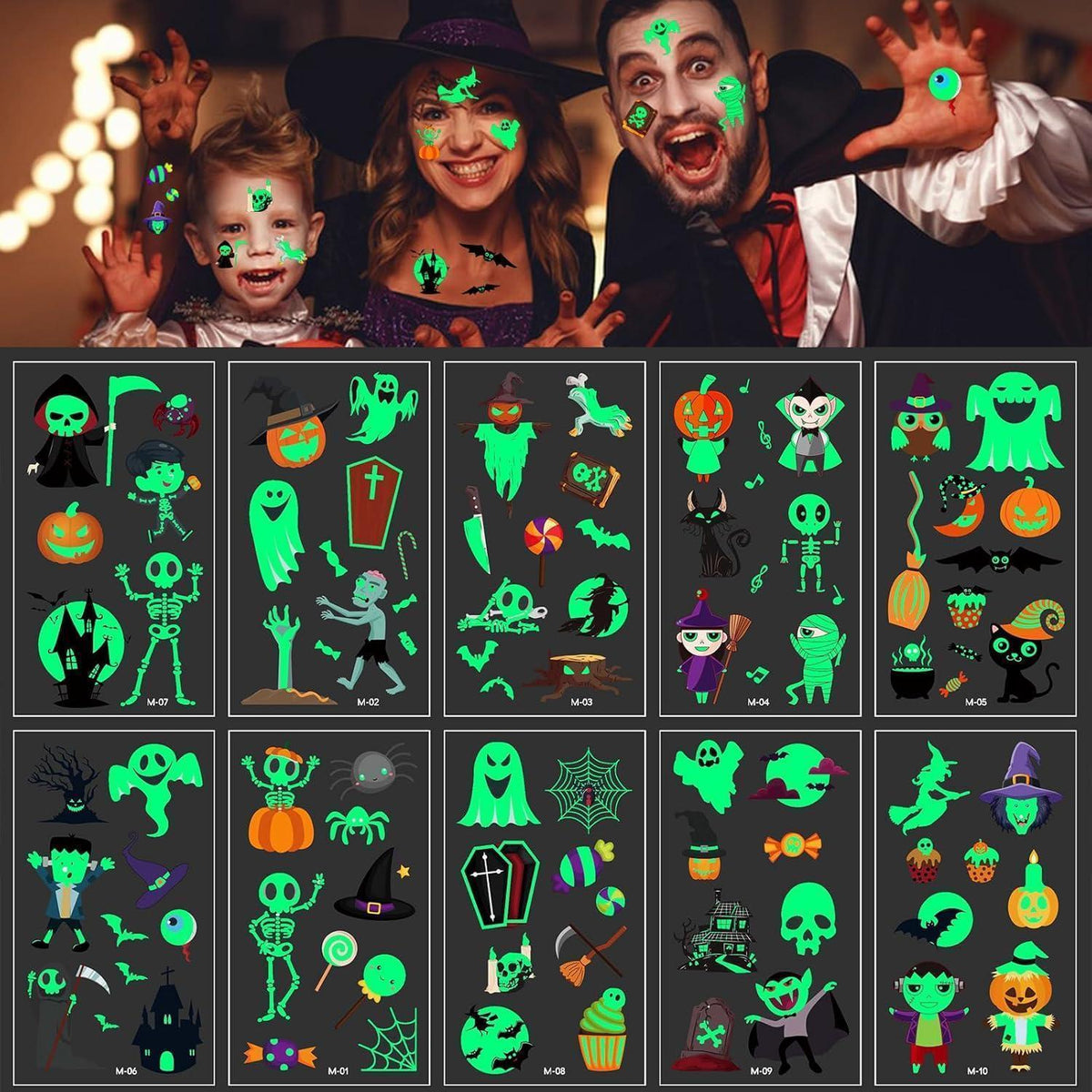 Halloween Tattoos für Kinder – 10 Blatt leuchtend & niedlich