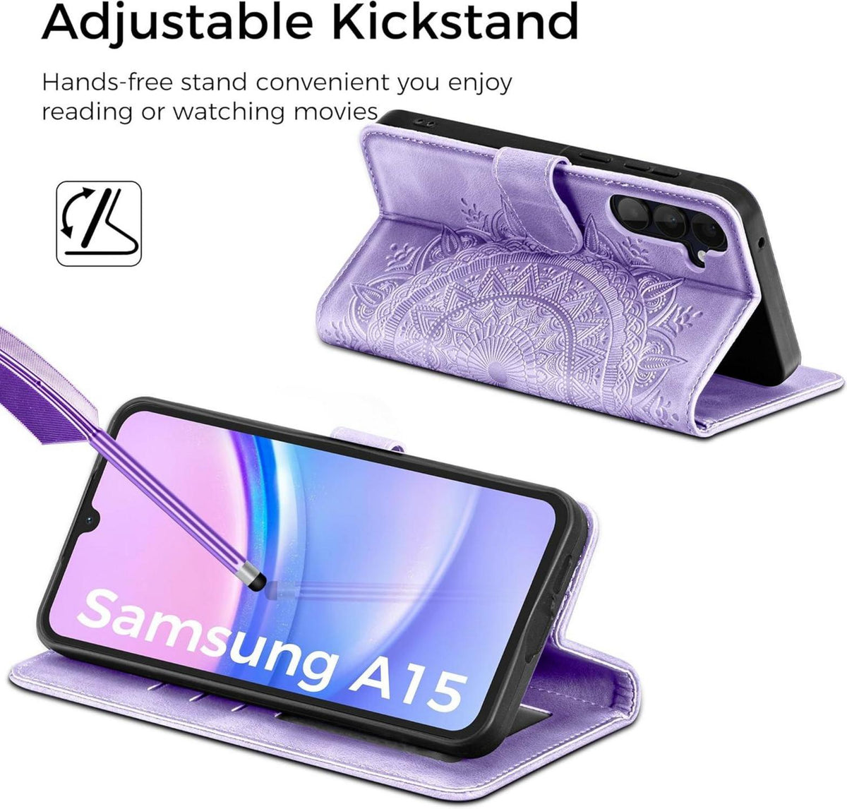 EASDNB Samsung Galaxy A15 5G/4G Flip Wallet Hülle PU Leder Hellviolett