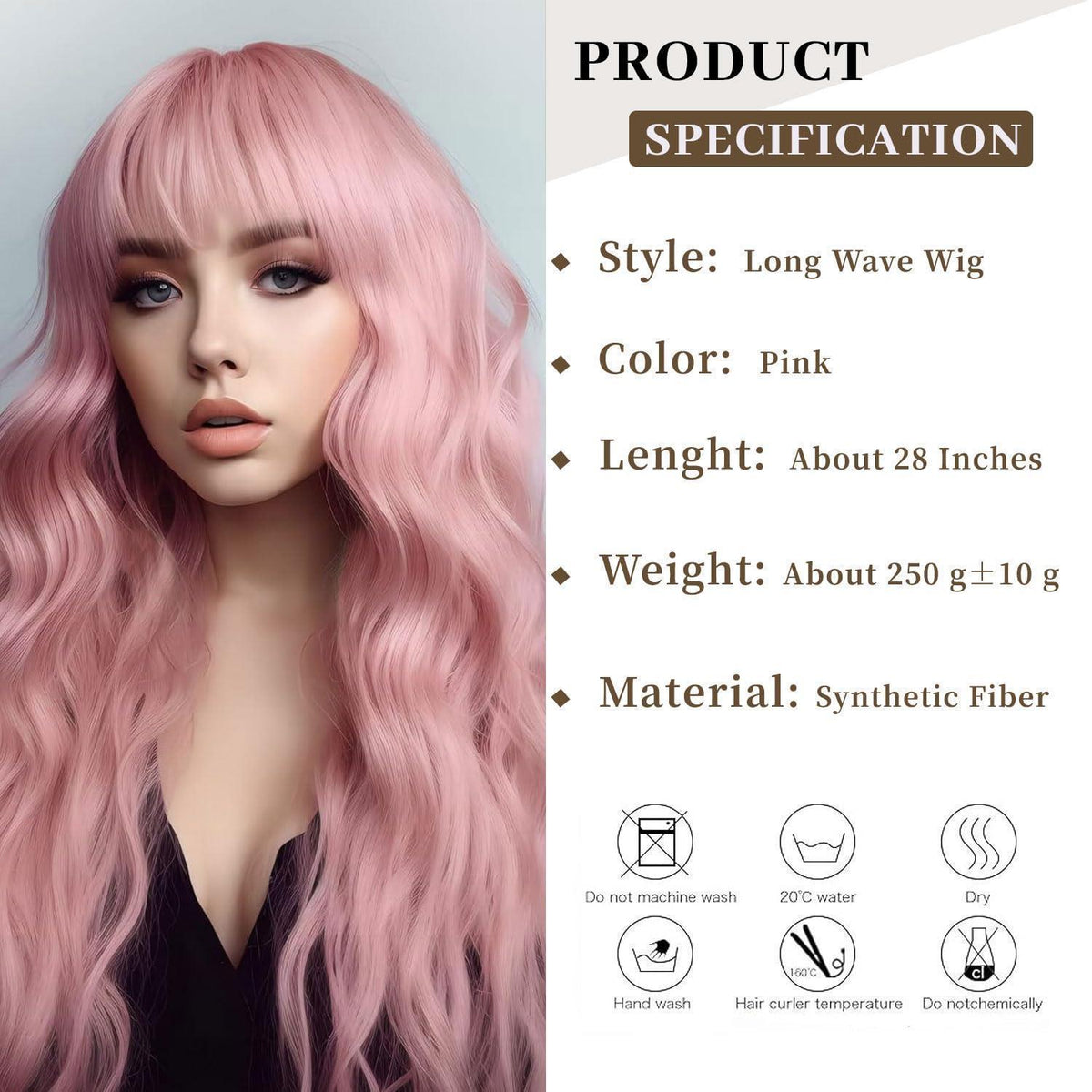 Lang Pink Wellige Perücke mit Pony – Damen Perücke für Party & Alltag
