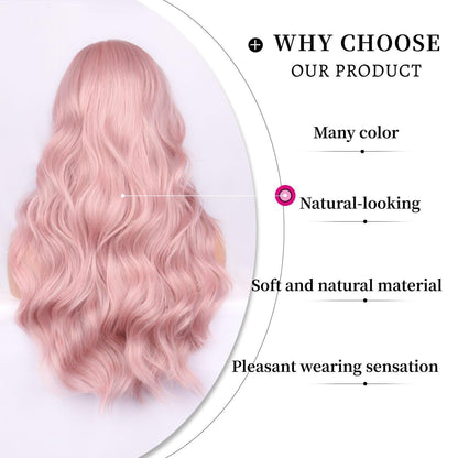 Lang Pink Wellige Perücke mit Pony – Damen Perücke für Party & Alltag