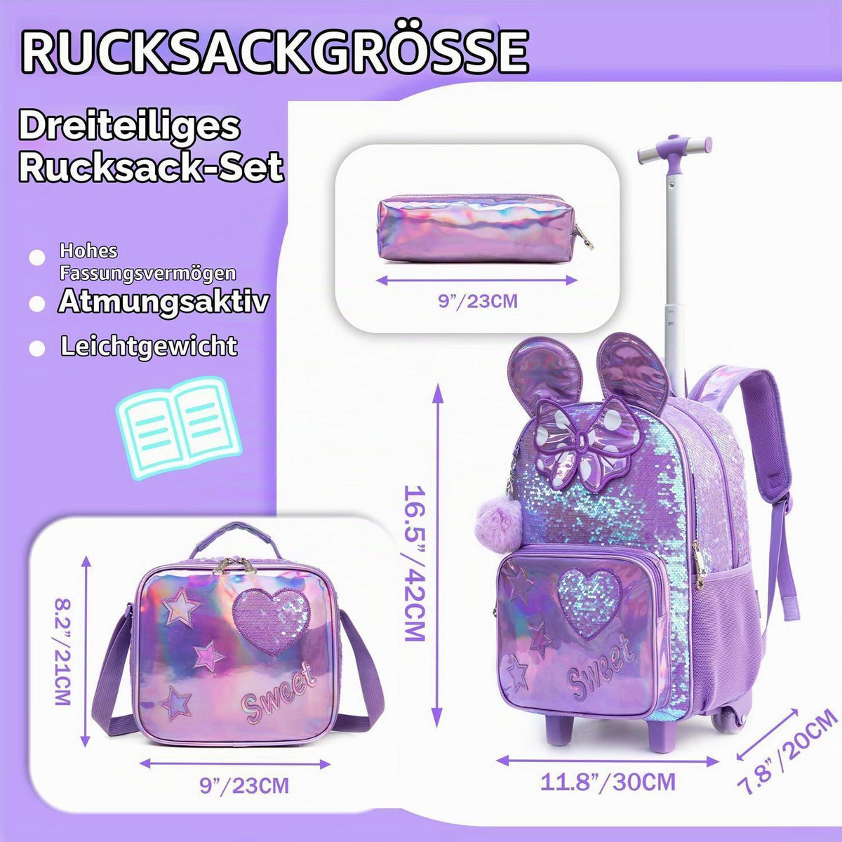 Schulranzen Trolley Mädchen 7 Jahre – Lila Mouse Set
