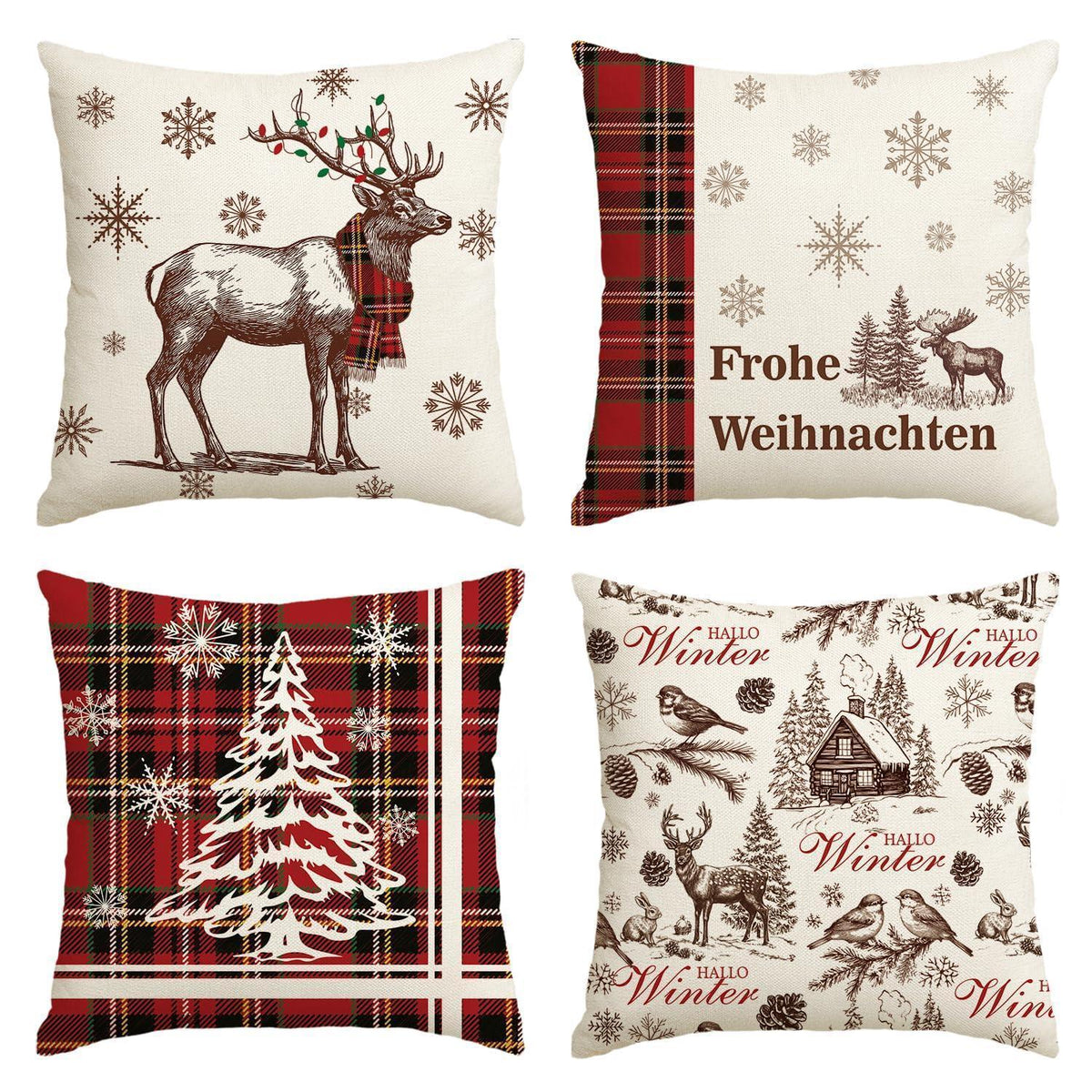 Weihnachts Kissenbezüge 4er Set Rot Schwarz BüffelKaro 40x40 cm