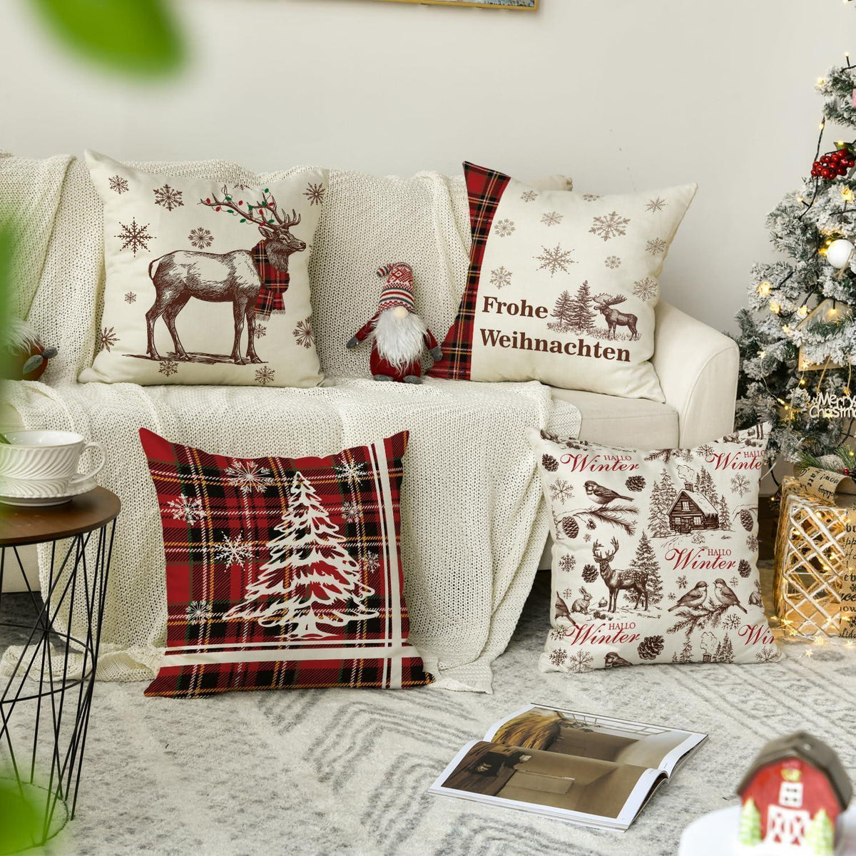 Weihnachts Kissenbezüge 4er Set Rot Schwarz BüffelKaro 40x40 cm