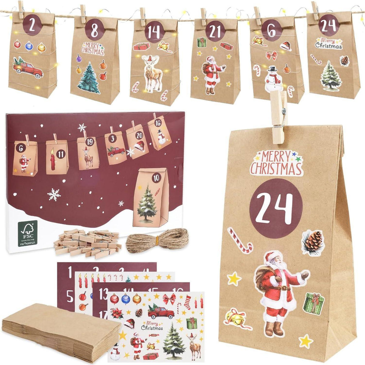 Adventskalender Tüten DIY Weihnachten Kinder Aufkleber Holzklammern