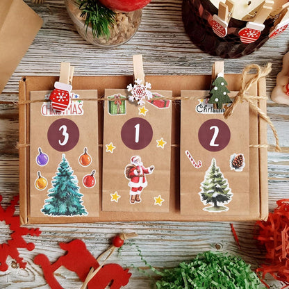 Adventskalender Tüten DIY Weihnachten Kinder Aufkleber Holzklammern
