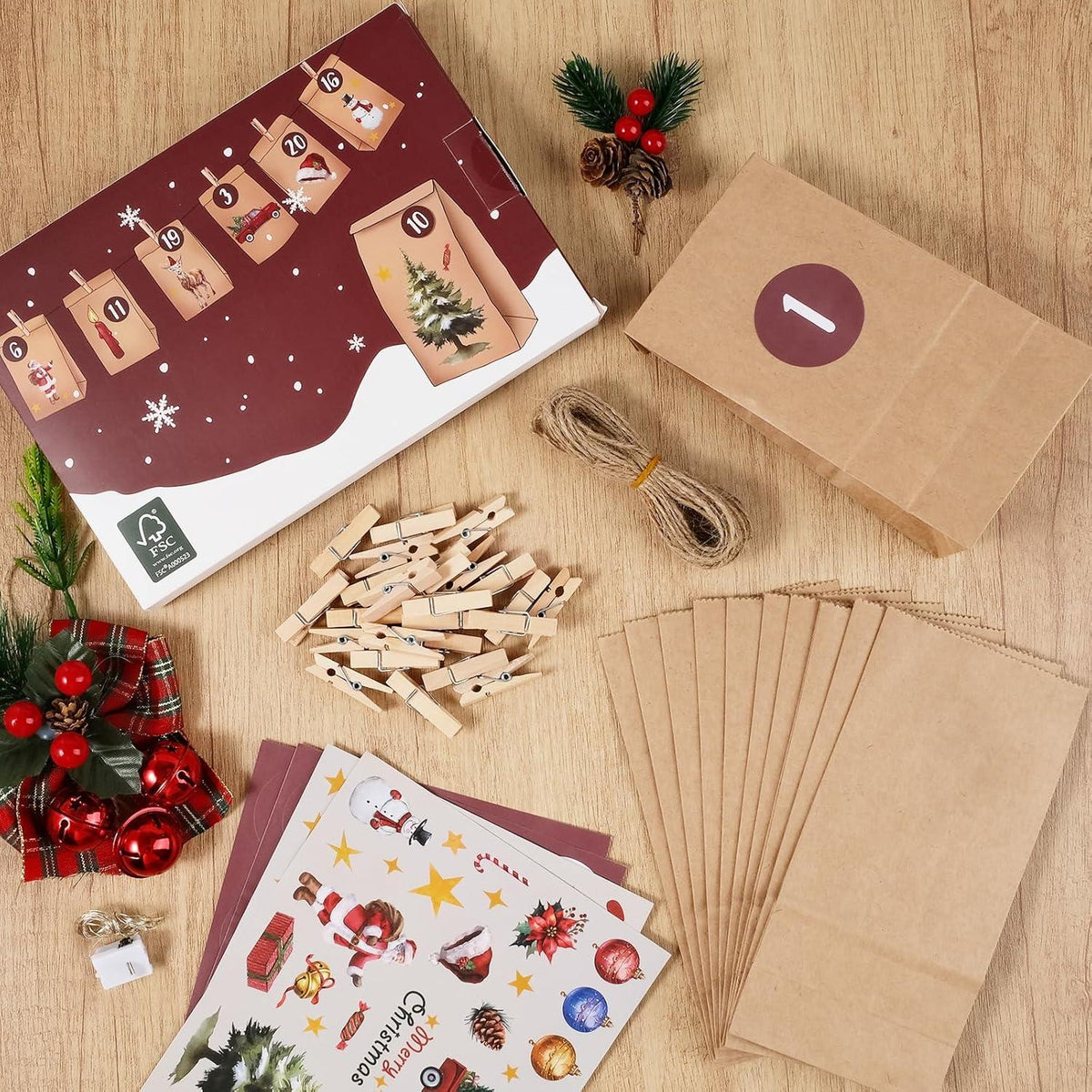 RUBY Adventskalender 2024 DIY Kinder Weihnachten Geschenke Jute-Schnur Holzklammern