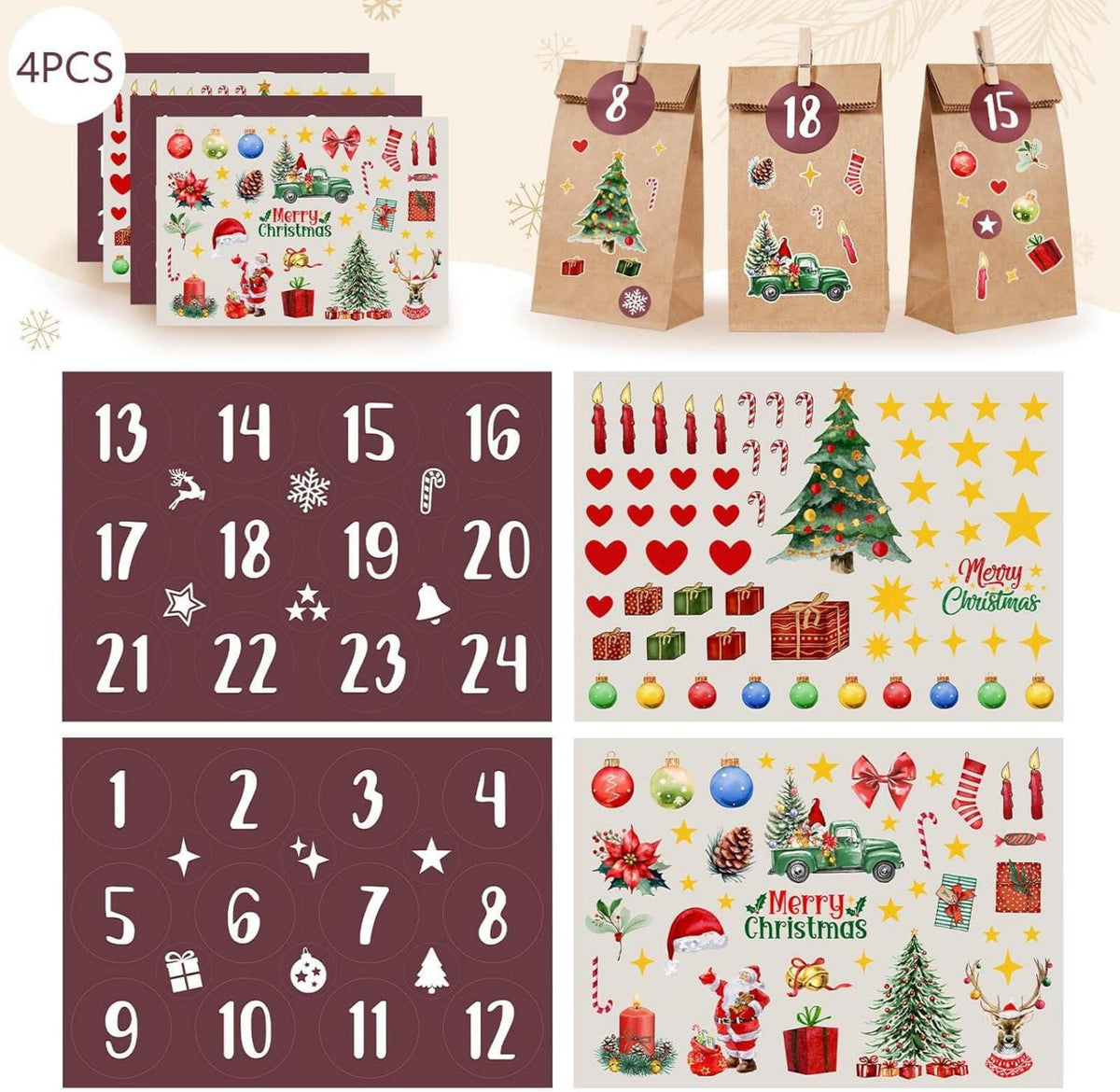 Adventskalender zum Befüllen Kraftpapier Set 24 Papiertüten Aufkleber