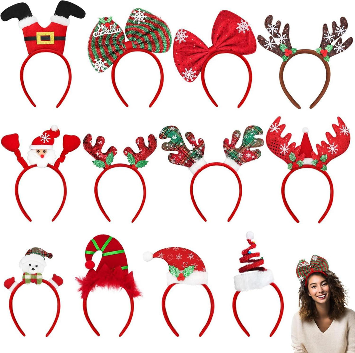 12 Weihnachts-Haarreifen Santa Rentier Schneeflocken Bögen