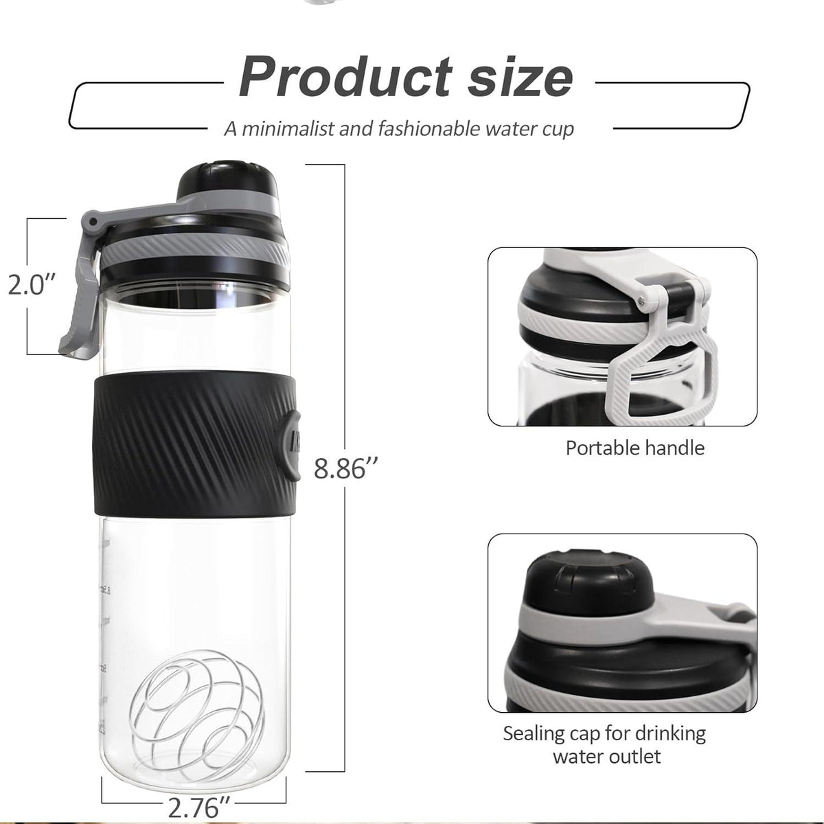 Protein Shaker 650ml Auslaufsicher BPA-frei Schwarz