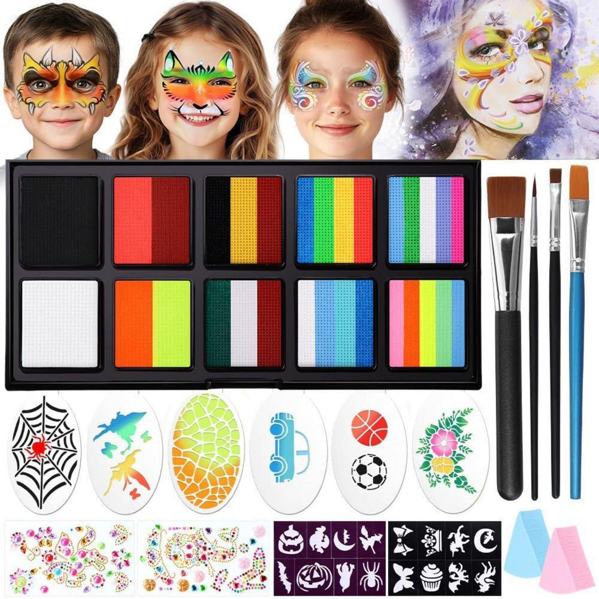 Kinderschminke Set Regenbogenfarben mit Vorlagen & Pinseln