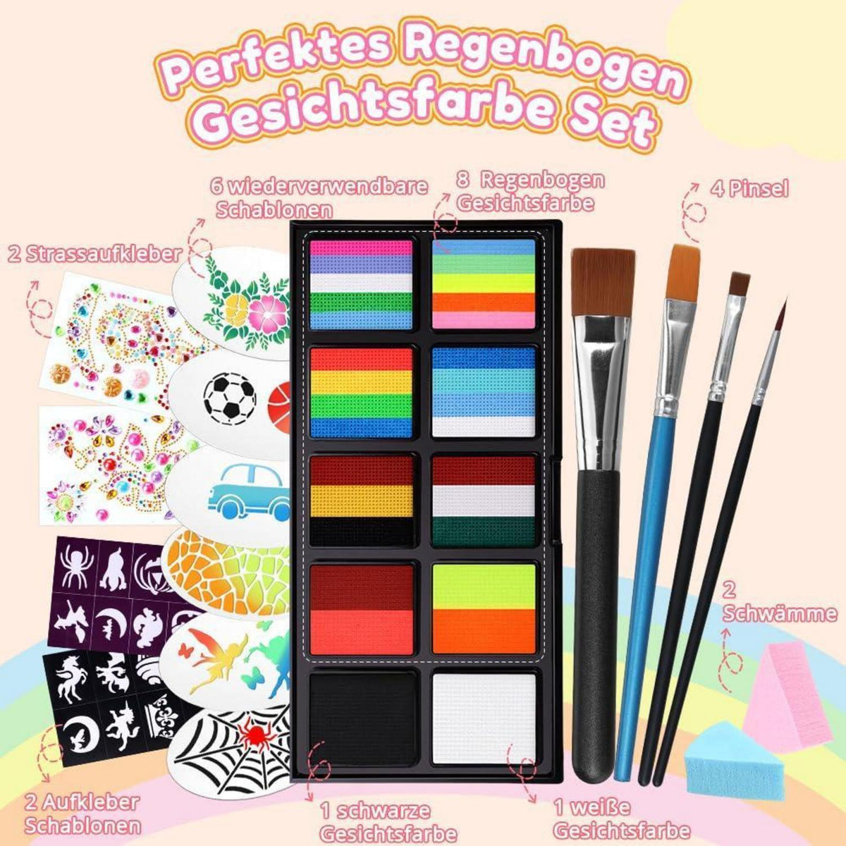 Kinderschminke Set Regenbogenfarben mit Vorlagen & Pinseln