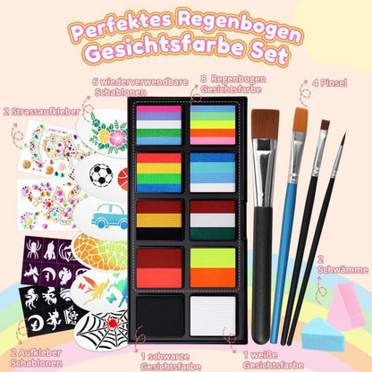 Kinderschminke Set Regenbogenfarben mit Vorlagen & Pinseln
