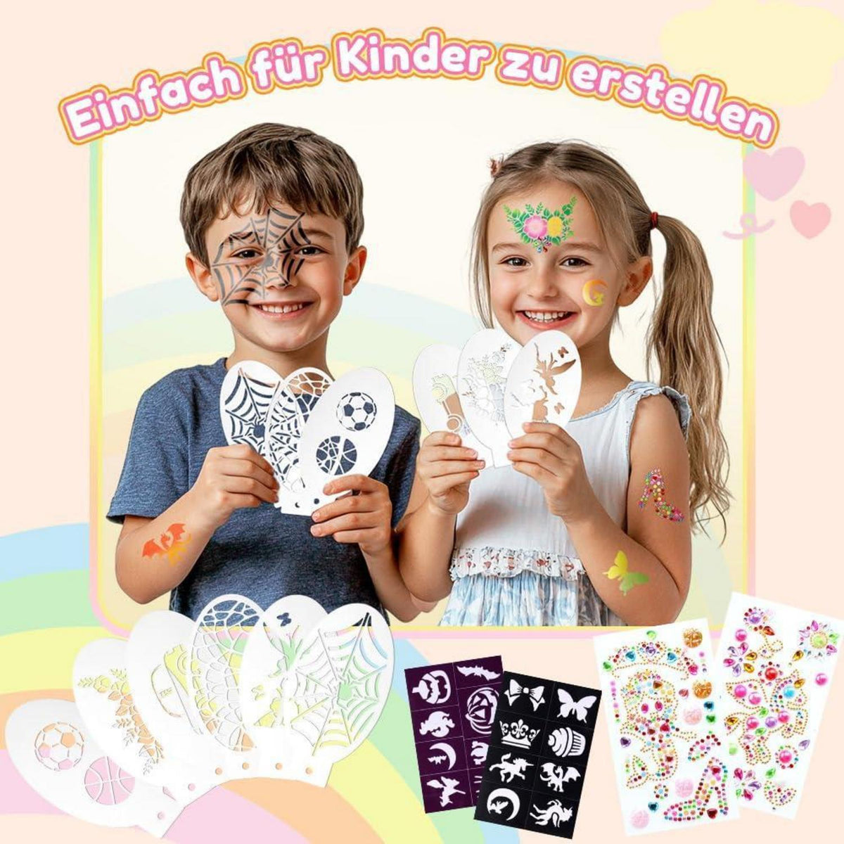 Kinderschminke Set Regenbogenfarben mit Vorlagen & Pinseln