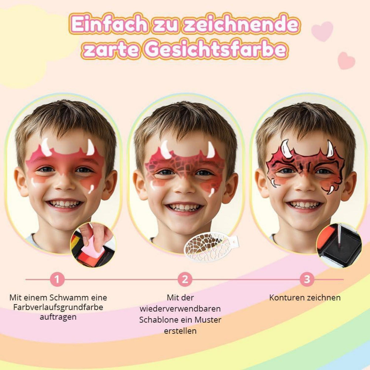 Kinderschminke Set Regenbogenfarben mit Vorlagen & Pinseln