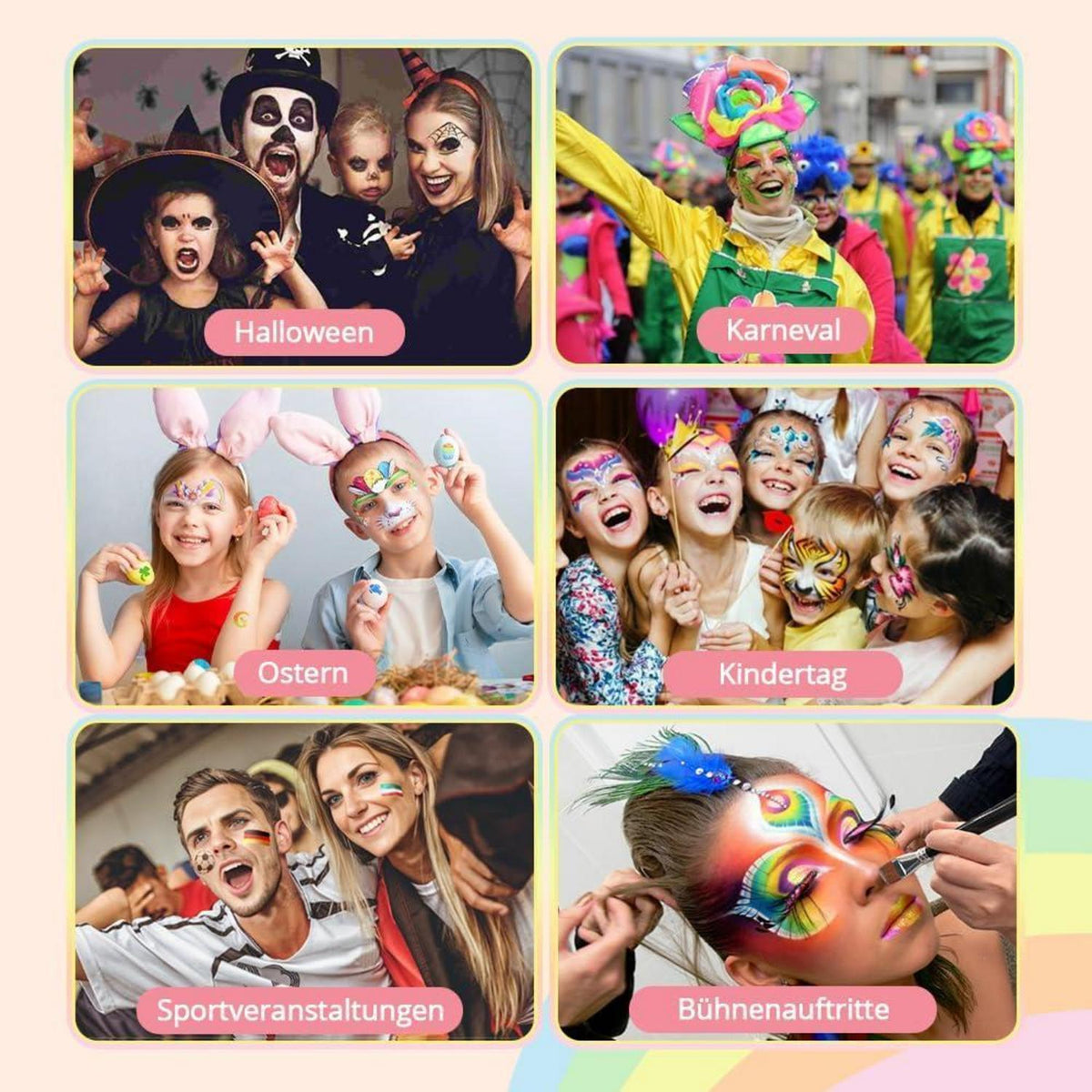 Kinderschminke Set Regenbogenfarben mit Vorlagen & Pinseln