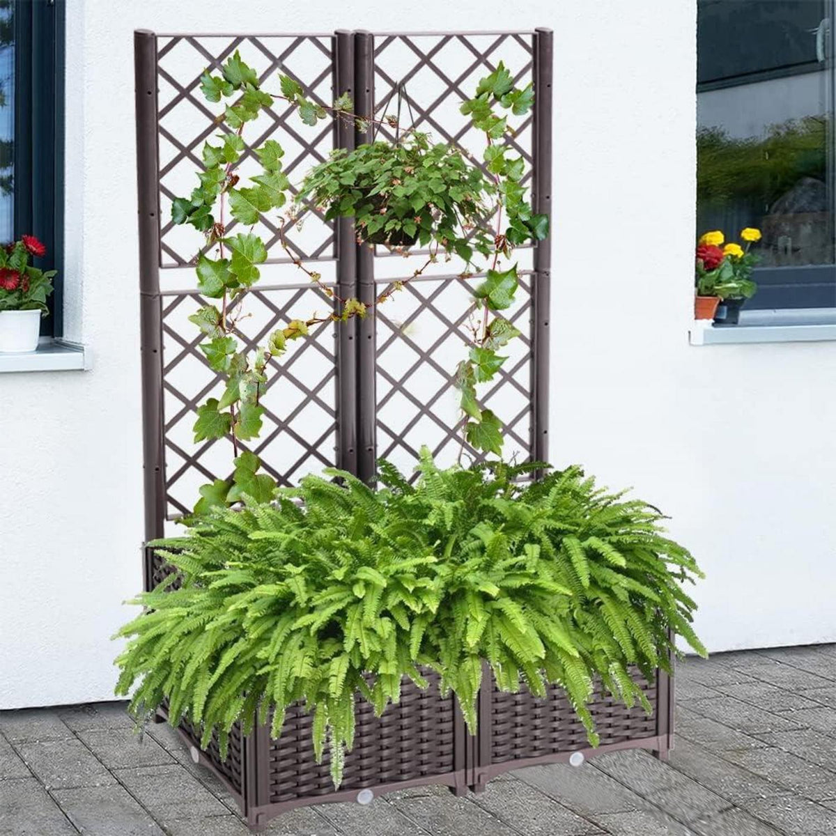 Hochbeet Pflanzgefäß mit Rankgitter für große Pflanzen, braun 80x40x136cm